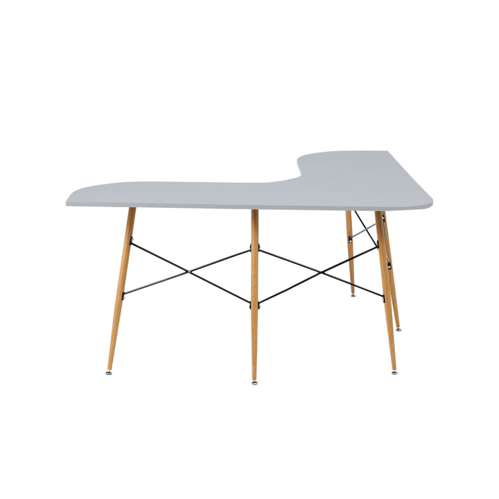 L-shaped desk with white table top and wooden legs