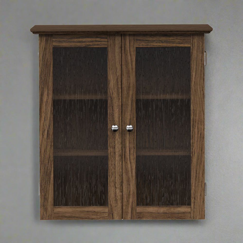 Walnut finished wall cabinet with two glass paneled doors on a gray wall.