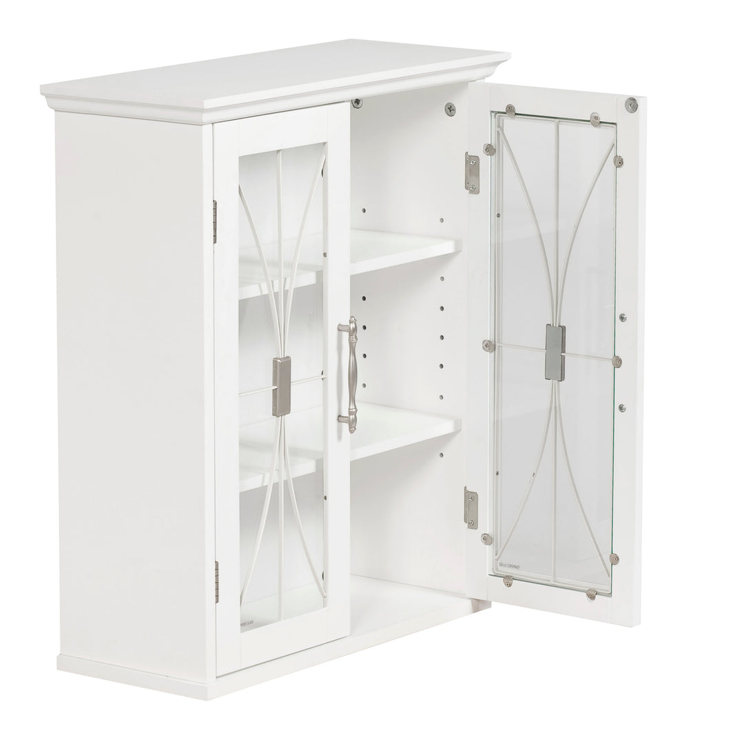 White wall cabinet with the door open and two internal shelves