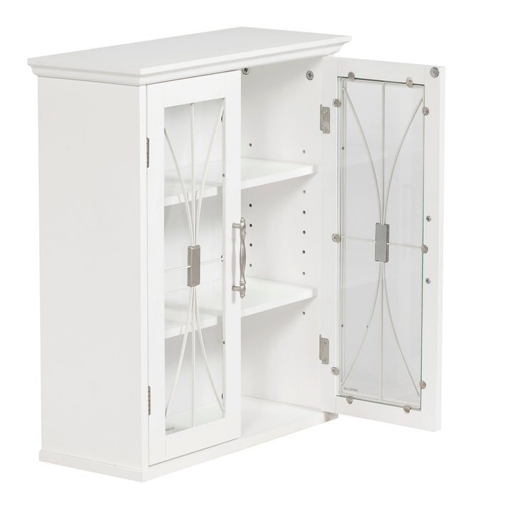 White wall cabinet with the door open and two internal shelves