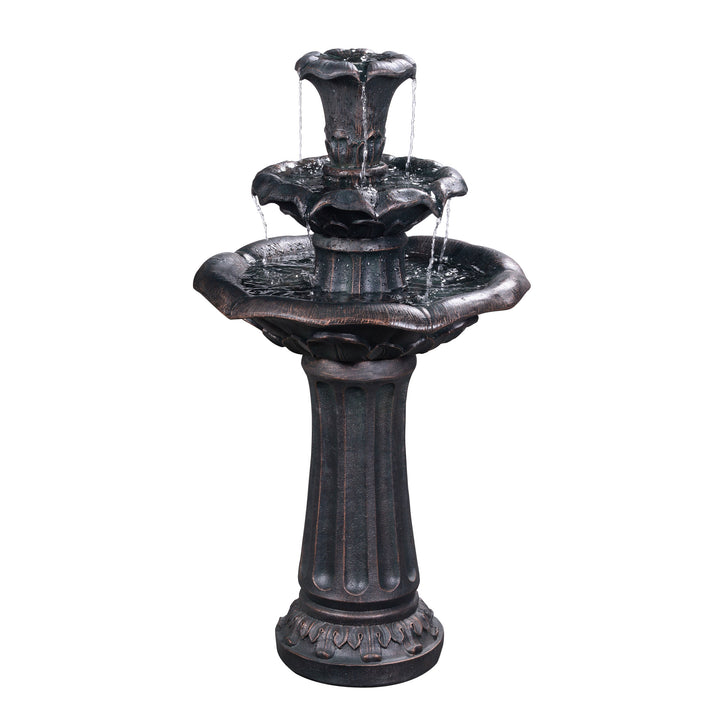 Tall lily water fountain with water filling and spilling over to each tier