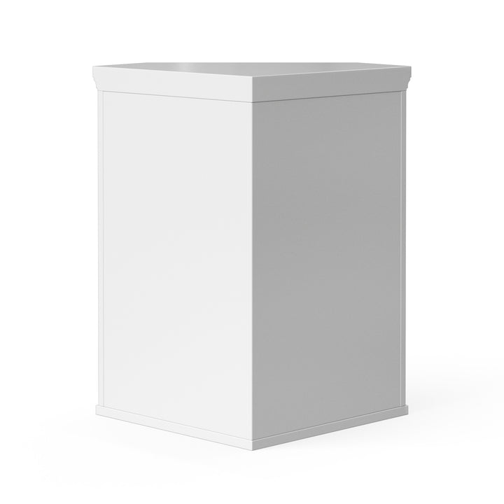 back view of a white corner wall cabinet