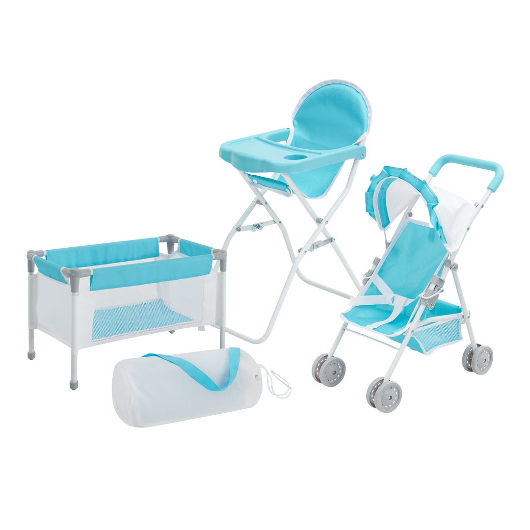 A 3-piece child's play nursery set with a crib, high chair and stroller and a storage bag in white and blue