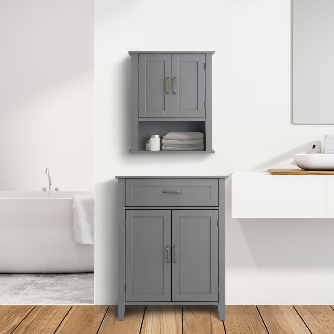 Lifestyle image featuring gray cabinet and wall cabinet in a bathroom.