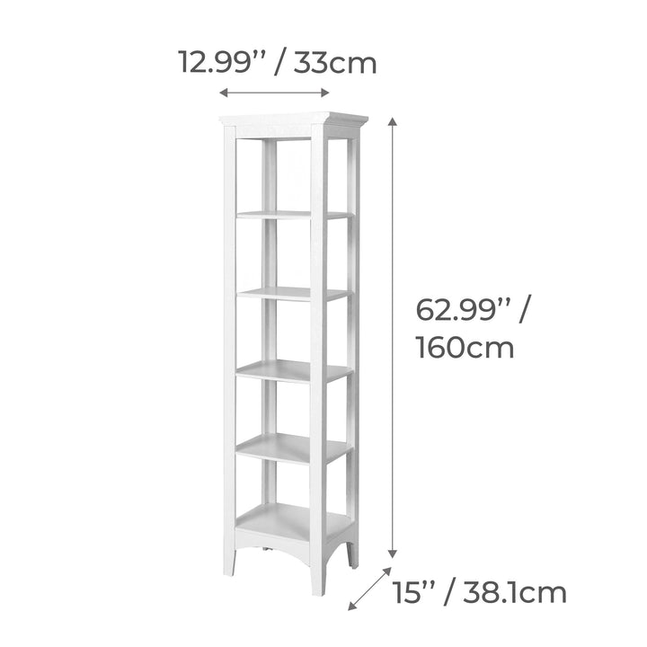 Dimensional graphic of a 5-tier open shelving unit in inches and centimeters