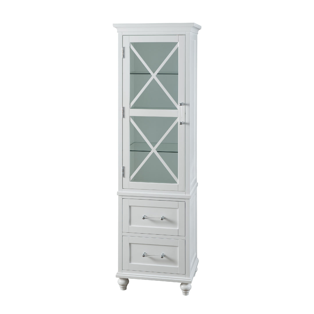 Tall white cabinet with glass windows shown.