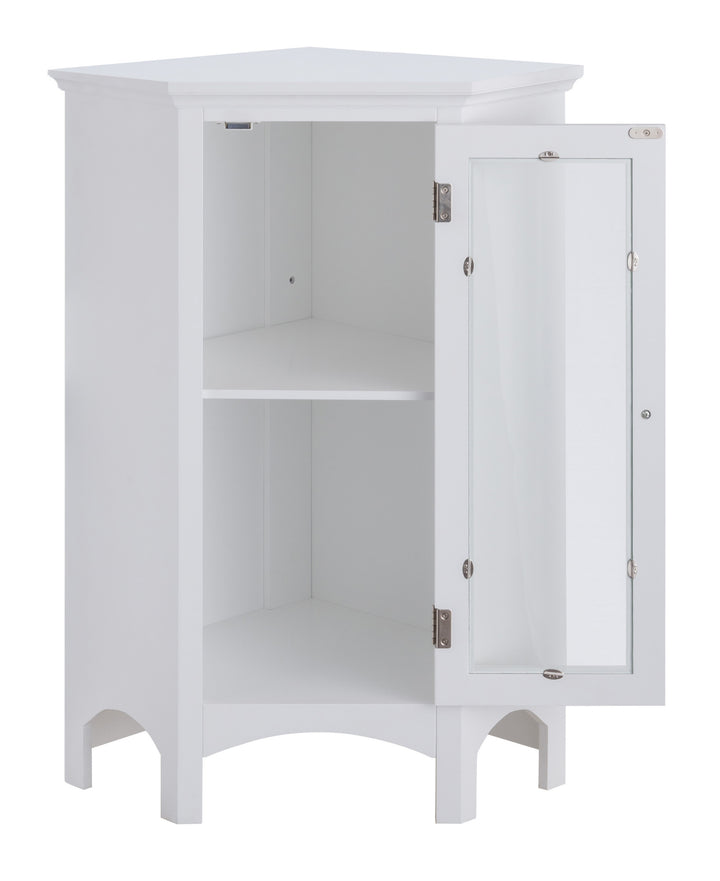 A corner floor cabinet with the door open with an internal shelf inside