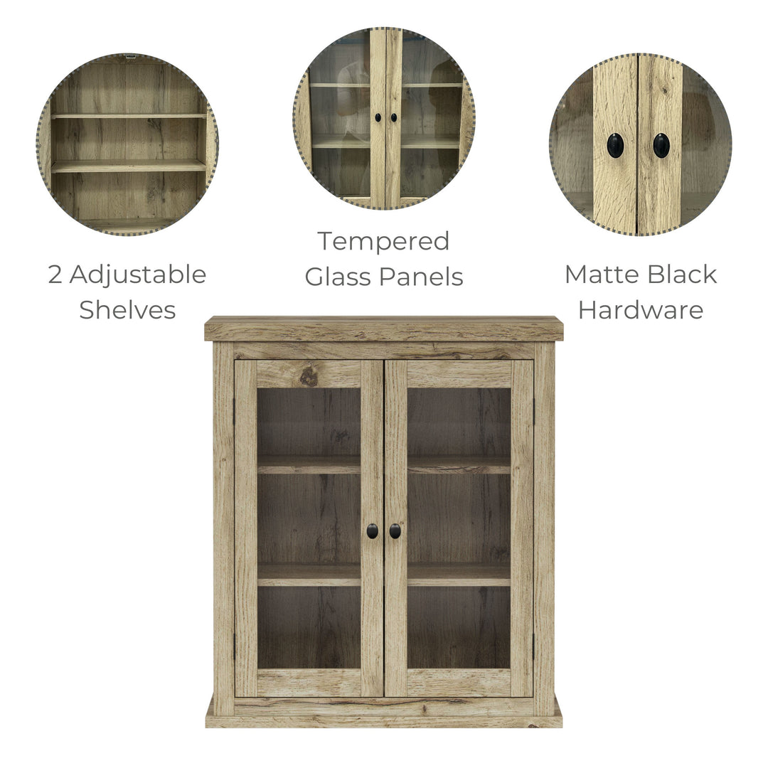 Infographic for a light oak finished wall cabinet with highlighted features: 2 adjustable shelves, tempered glass panels, and matte black hardware.