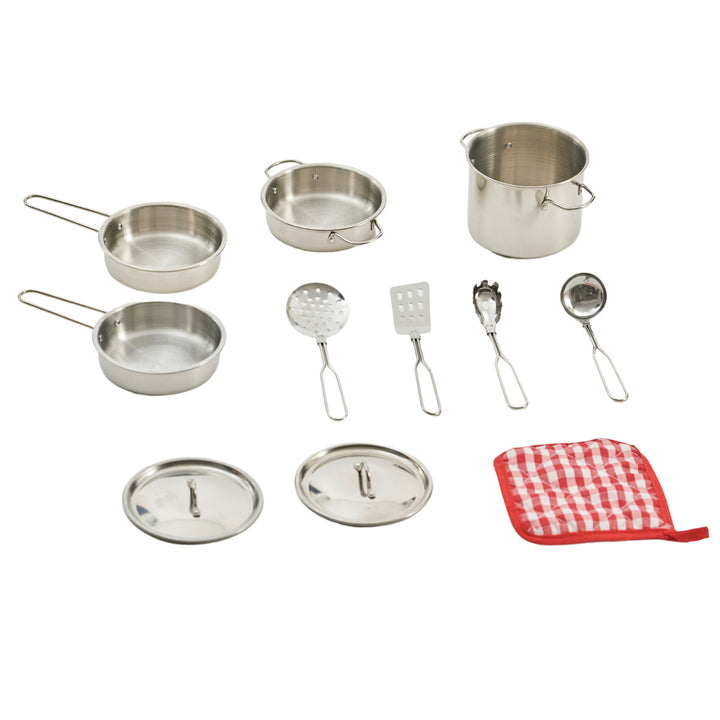 A 10-piece metal kid's kitchenware set with a red and white potholder