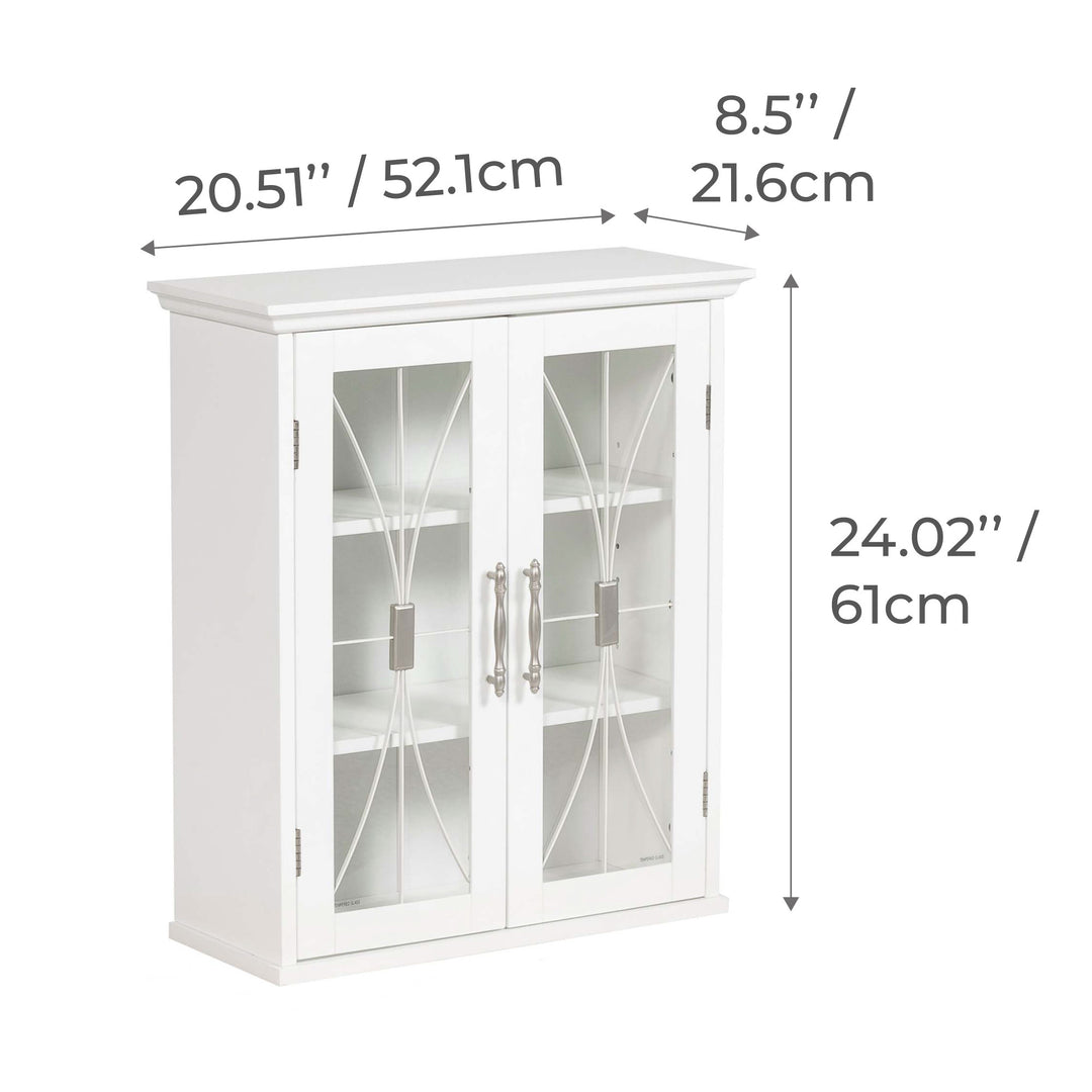 Dimensional graphic of a white wall cabinet in inches and centimeters