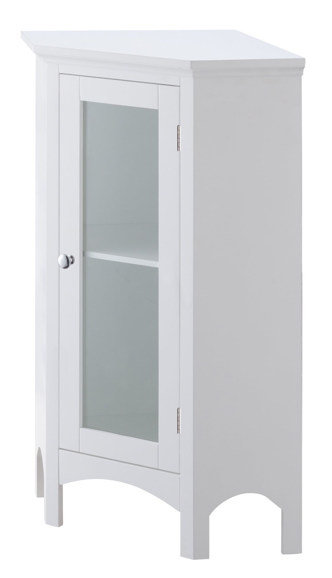 Side view of a corner floor cabinet with a door 