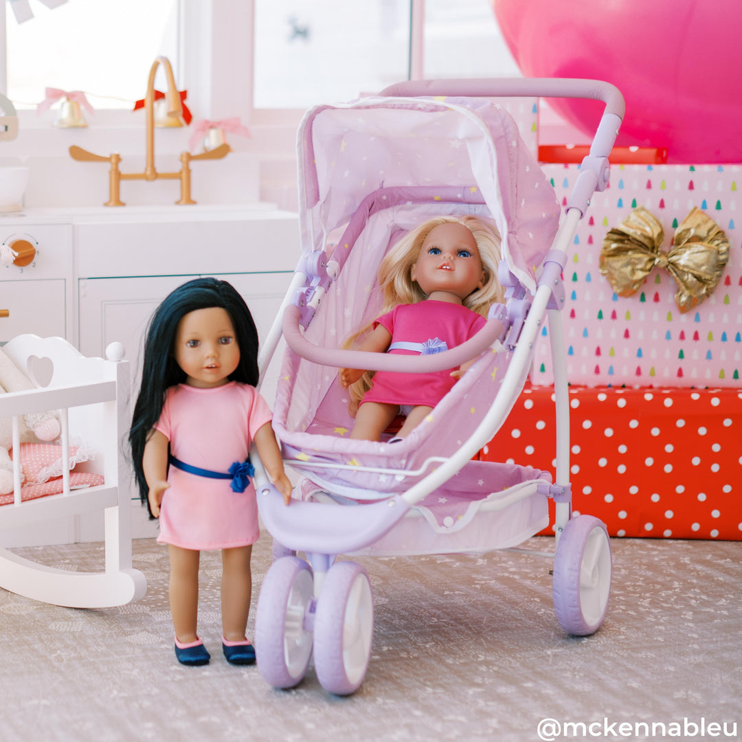 Influencer image of doll stroller and Sophia's Everyday Friends Doll in a play room