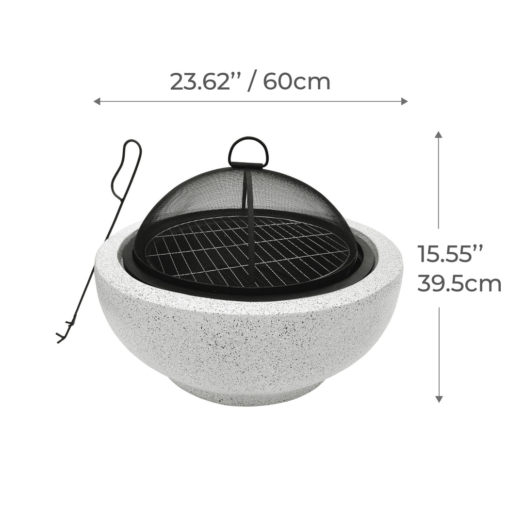 Fire pit with dimensions, 23.62 in diameter, and 15.55 inches tall.