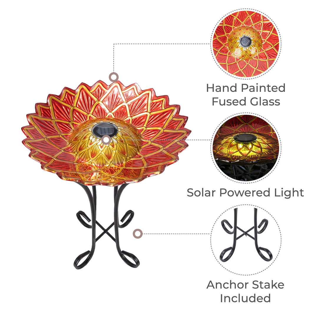 the birdbath image with inset photos of the features including the stand, solar light and hand painted glass