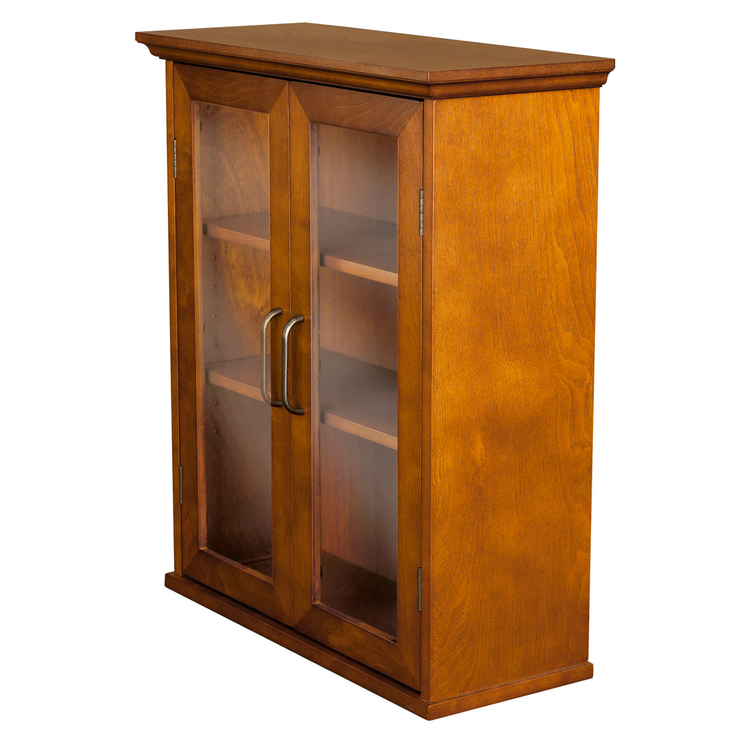 Side view of a wood floor cabinet with glass paneled doors and shelves inside