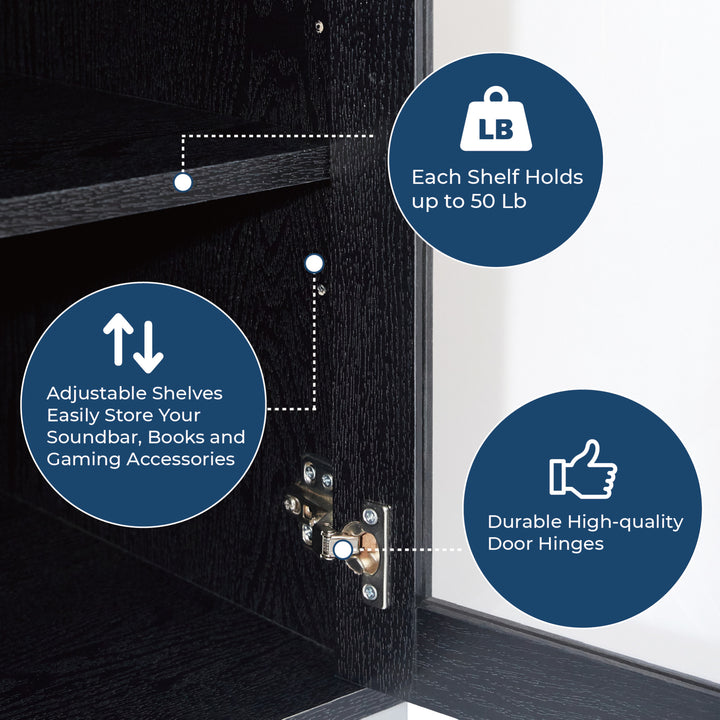 Infographic with callouts for shelf capacity, adjustable shelves, and durable door hinges