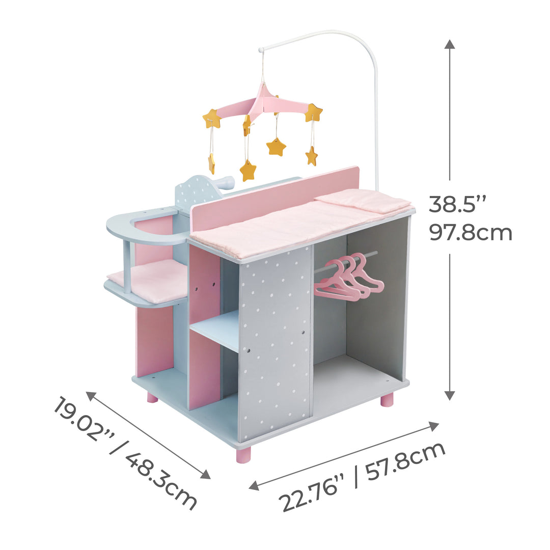 A dimensional graphic for a child's doll changing station in inches and centimeters