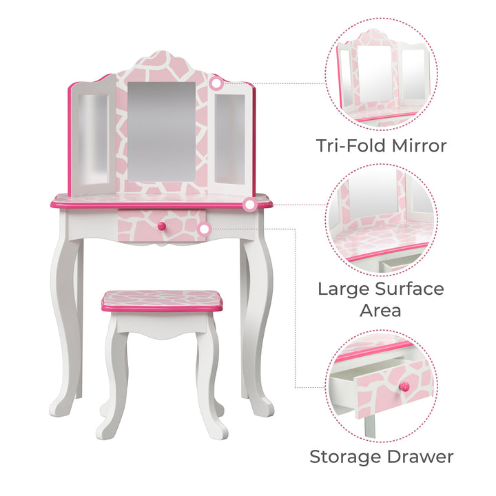 An infographic with callouts for a tri-fold mirror, large surface area, and storage drawer