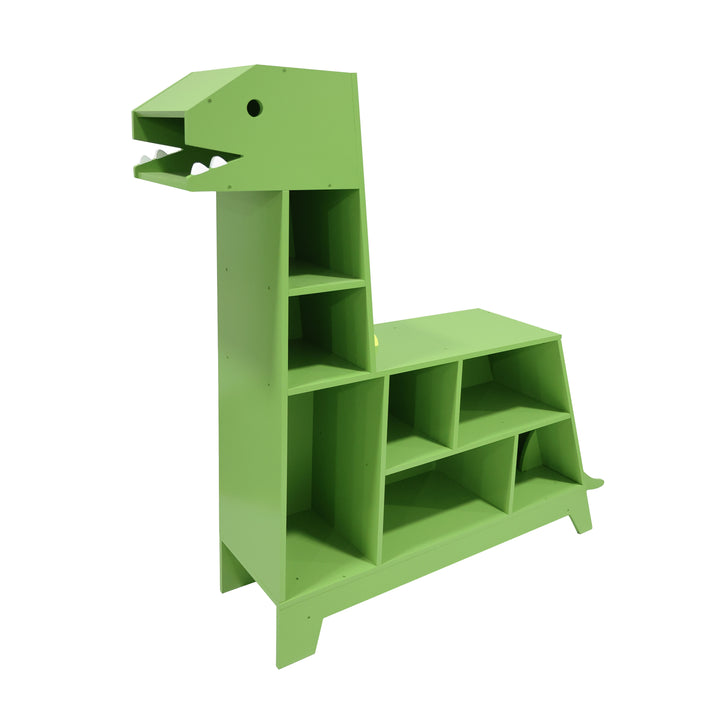 A view of a dinosaur-shaped bookshelf from the front, side angle