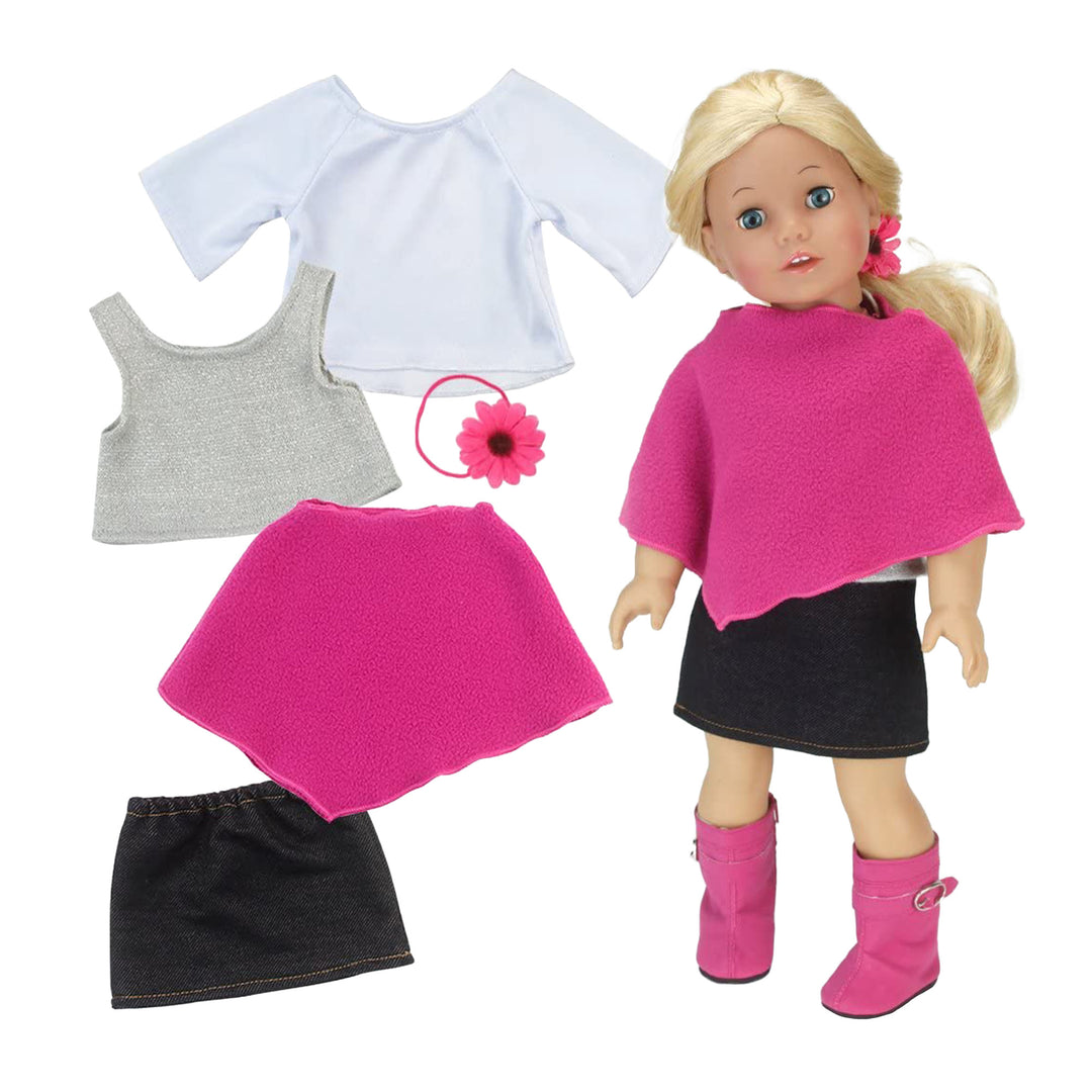 A blonde 18" doll with a denim skirt with pink boots and poncho next to separates - a white shirt, a silver tank, pink hairbow, pink poncho and denim skirt