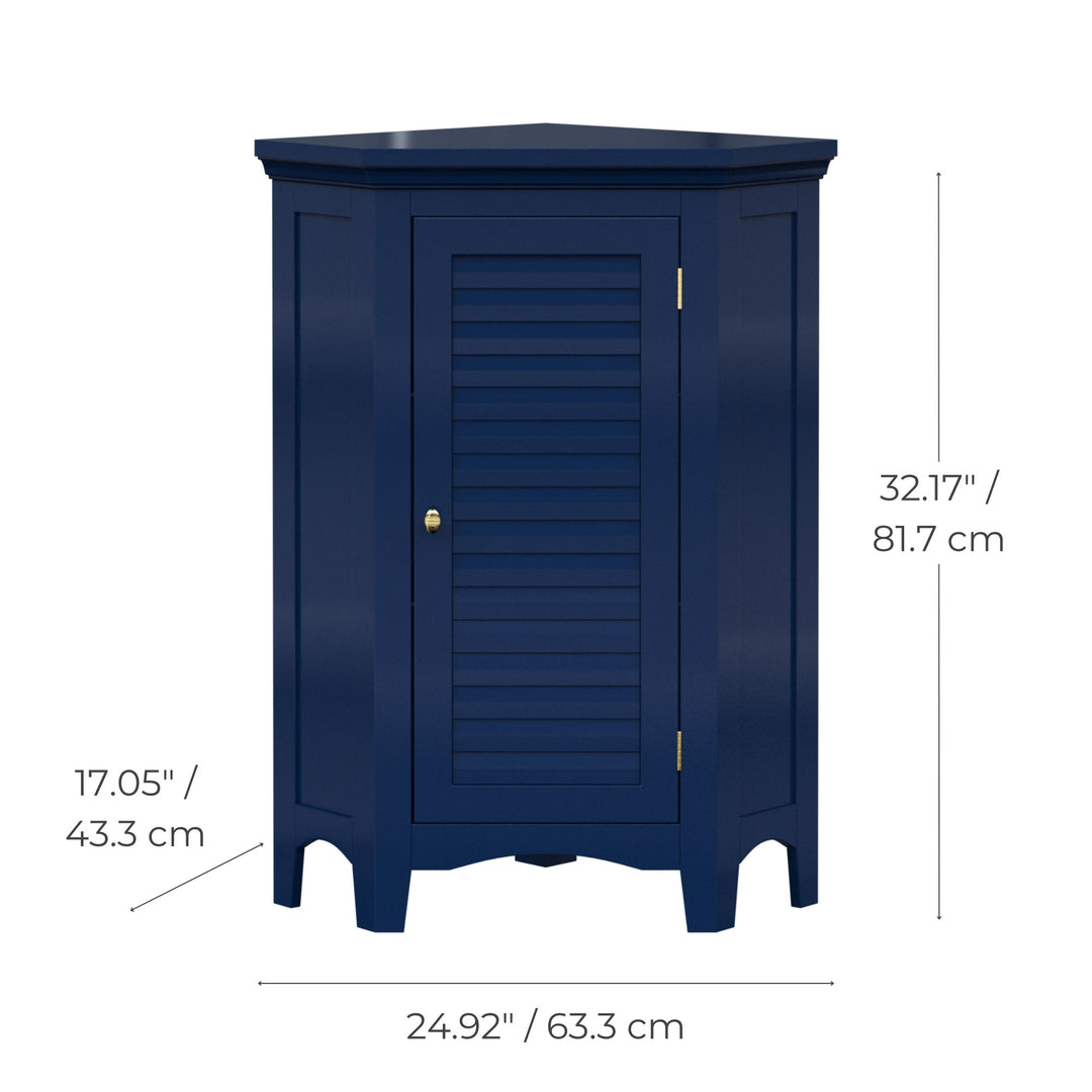 Dimensional graphic of a navy blue corner floor cabinet with gold knobs and two faux louvered doors.