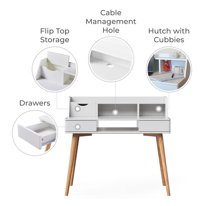 Infographic with callouts for drawers, flip top storage, cable management hole and hutch with cubbies