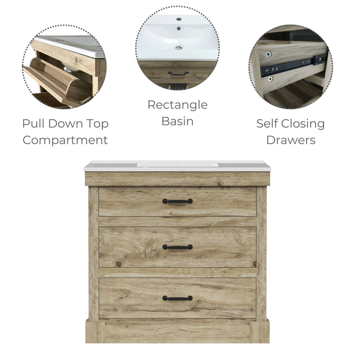 Infographic for a light oak sink vanity calling out the pull down top drawer, rectangle basin, self-closing drawers.