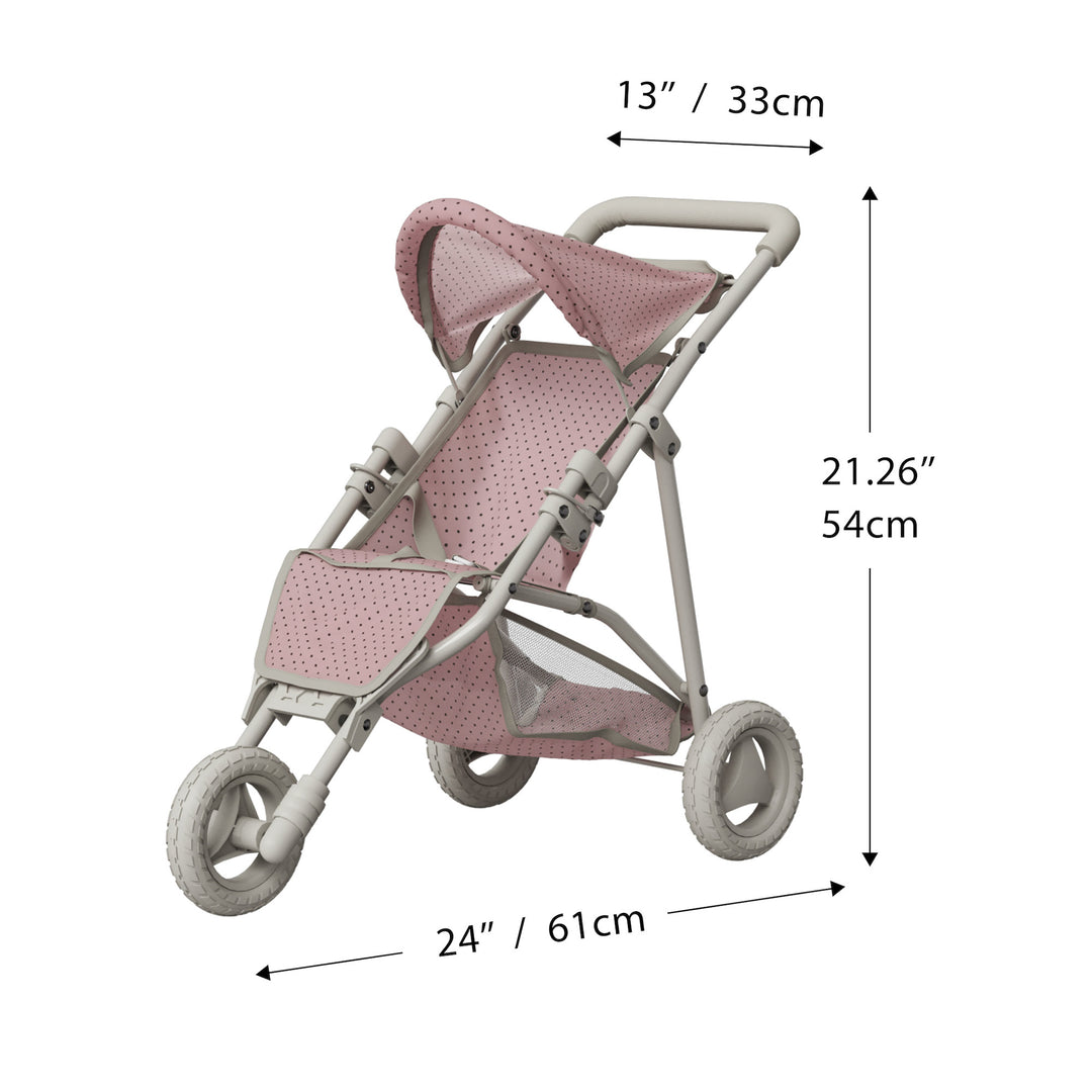 A dimensional graphic of a child's pink jogging stroller in inches and centimeters