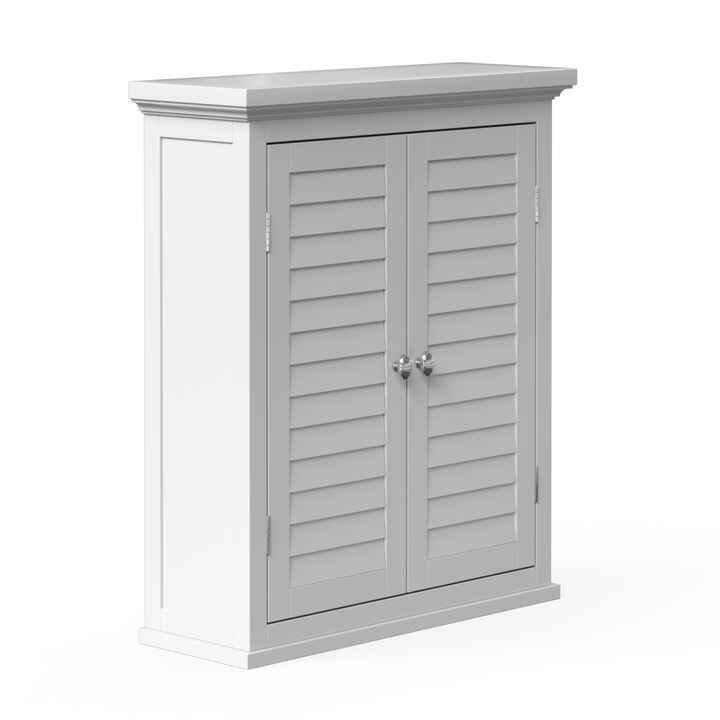 Side view of a white wall mounted cabinet with faux louvered doors