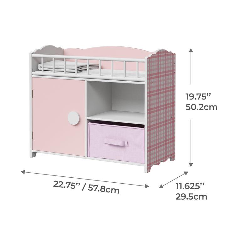 Dimensional graphic for a baby doll changing station in inches and centimeters