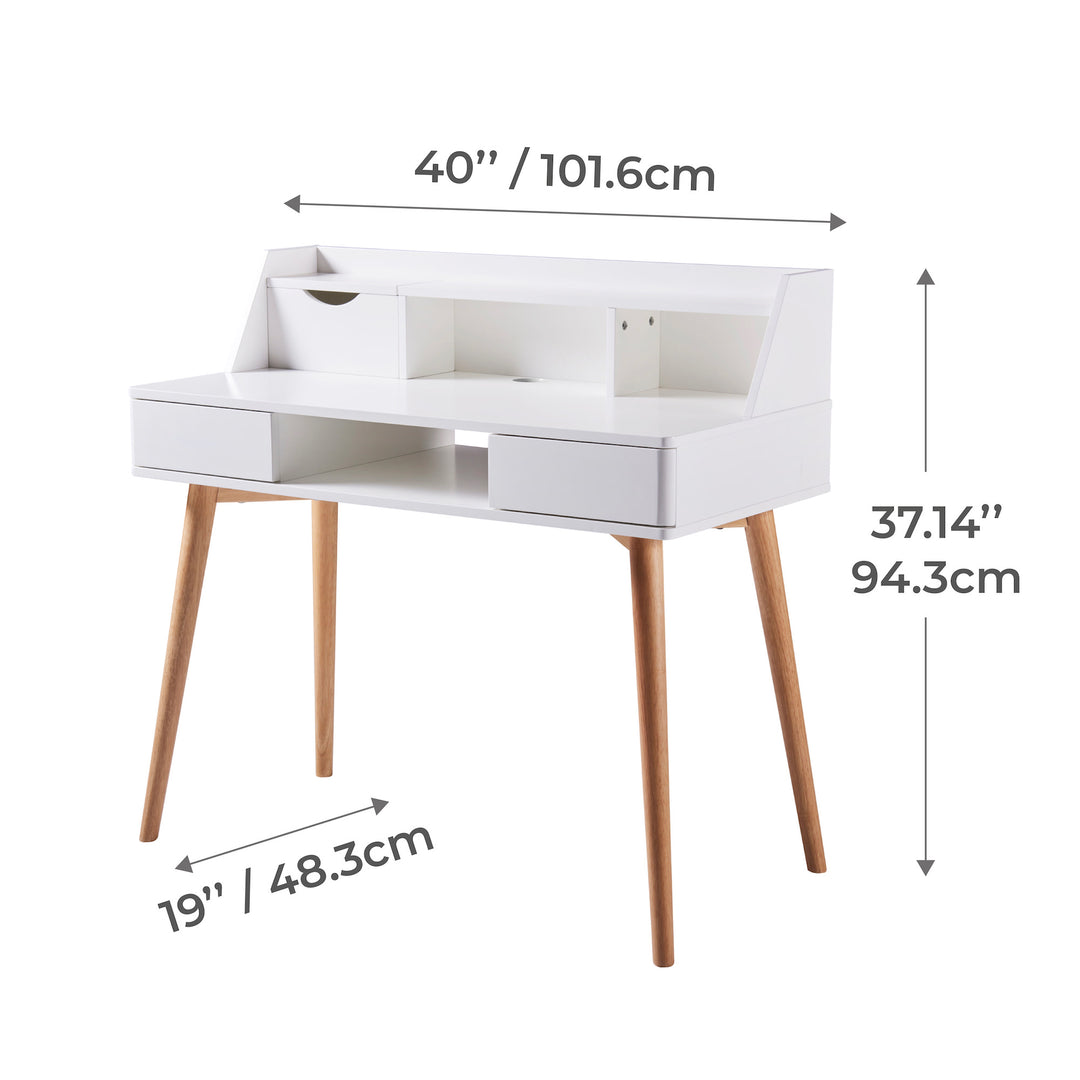 Dimensional graphic of a white writing desk in inches and centimeters