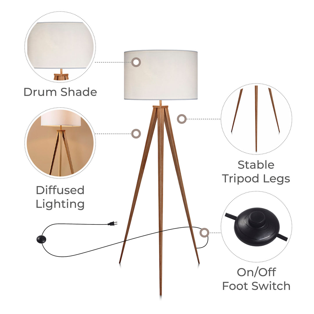 Callouts about the drum shade, diffused lighting, tripod legs and on/off foot switch