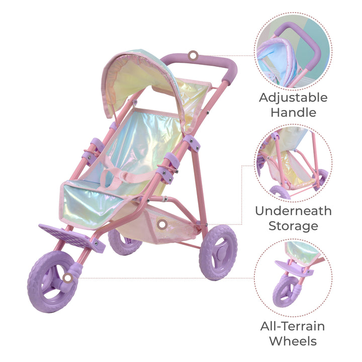 An infographic for a iridescent and purple kids jogging-style stroller - adjustable handle, underneath storage and all-terrain wheels