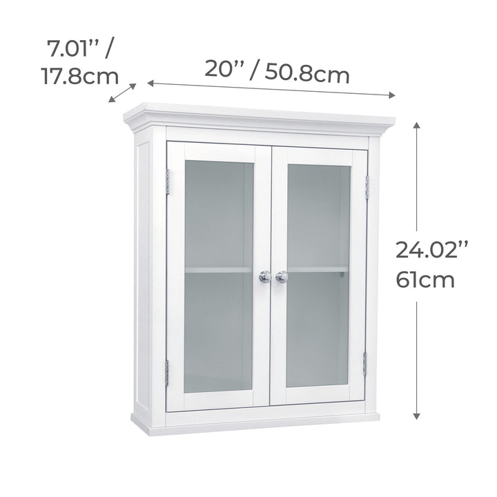 Dimensional graphic of a white wall cabinet with tempered glass panels in inches and centimeters