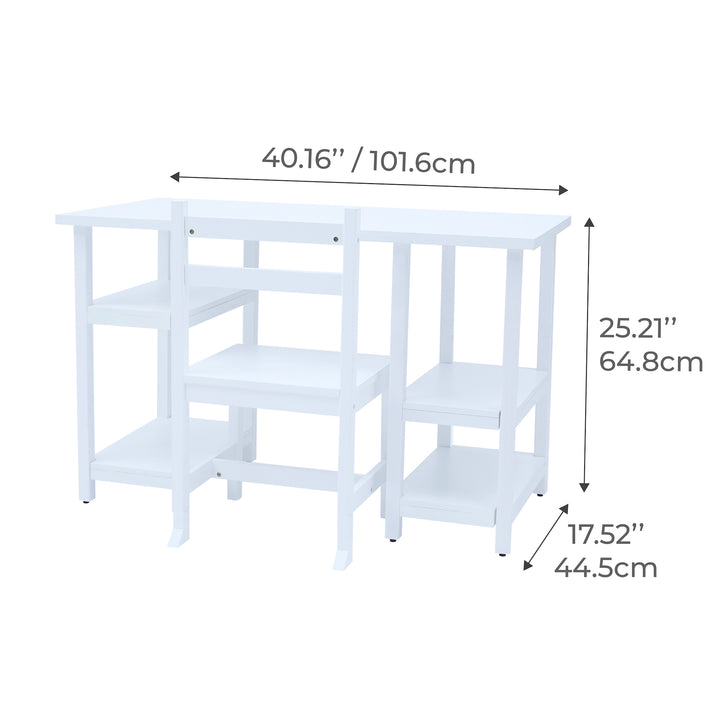 A white desk and chair dimensional graphic in inches and centimeters