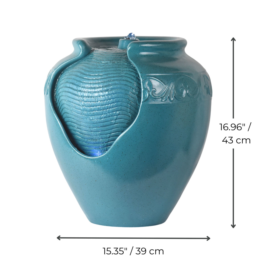 Dimensional graphic of a teal vase-shaped water fountain in inches and centimeters