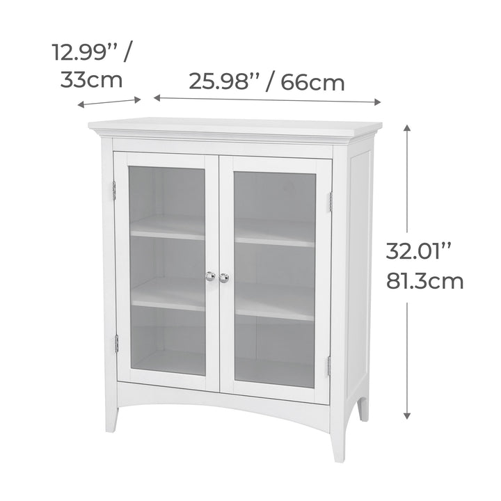 Dimensional graphic of a white floor cabinet in inches and centimeters