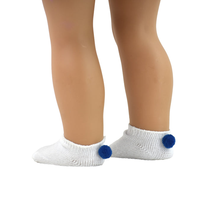 A pair of white footie socks with a navy pom pom on the back