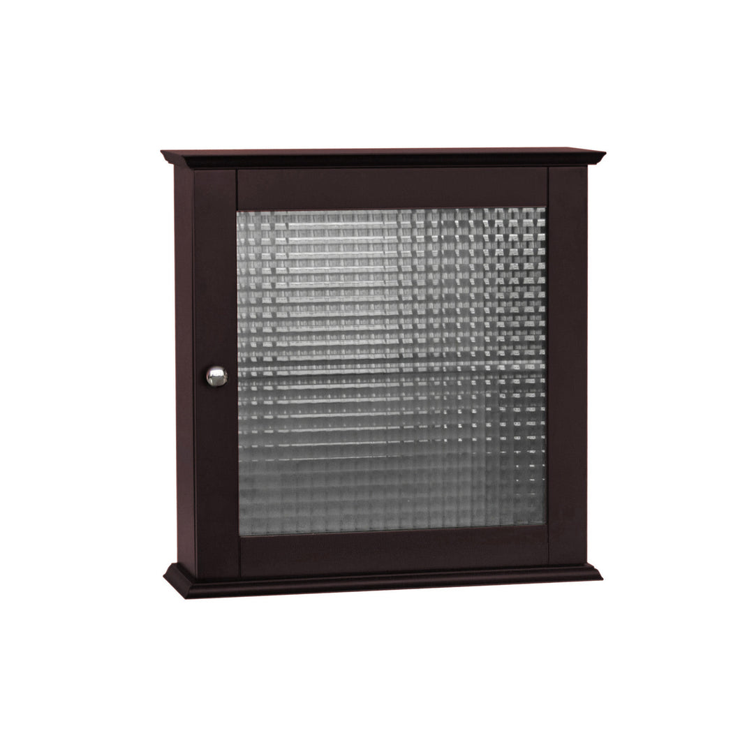 A dark espresso medicine cabinet with a waffle glass paneled door hanging next to a sink