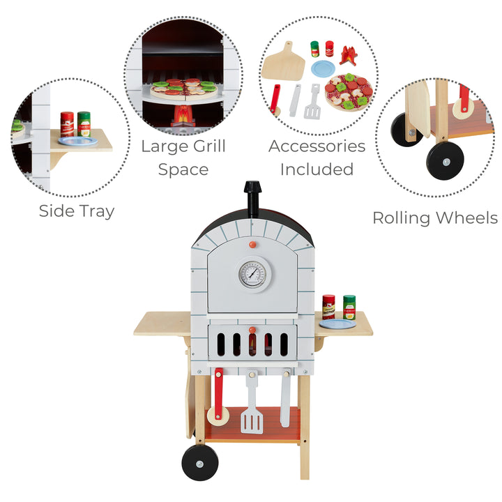 a brick oven pizza grill features side trays, a large grill area, rolling wheels and included accessories