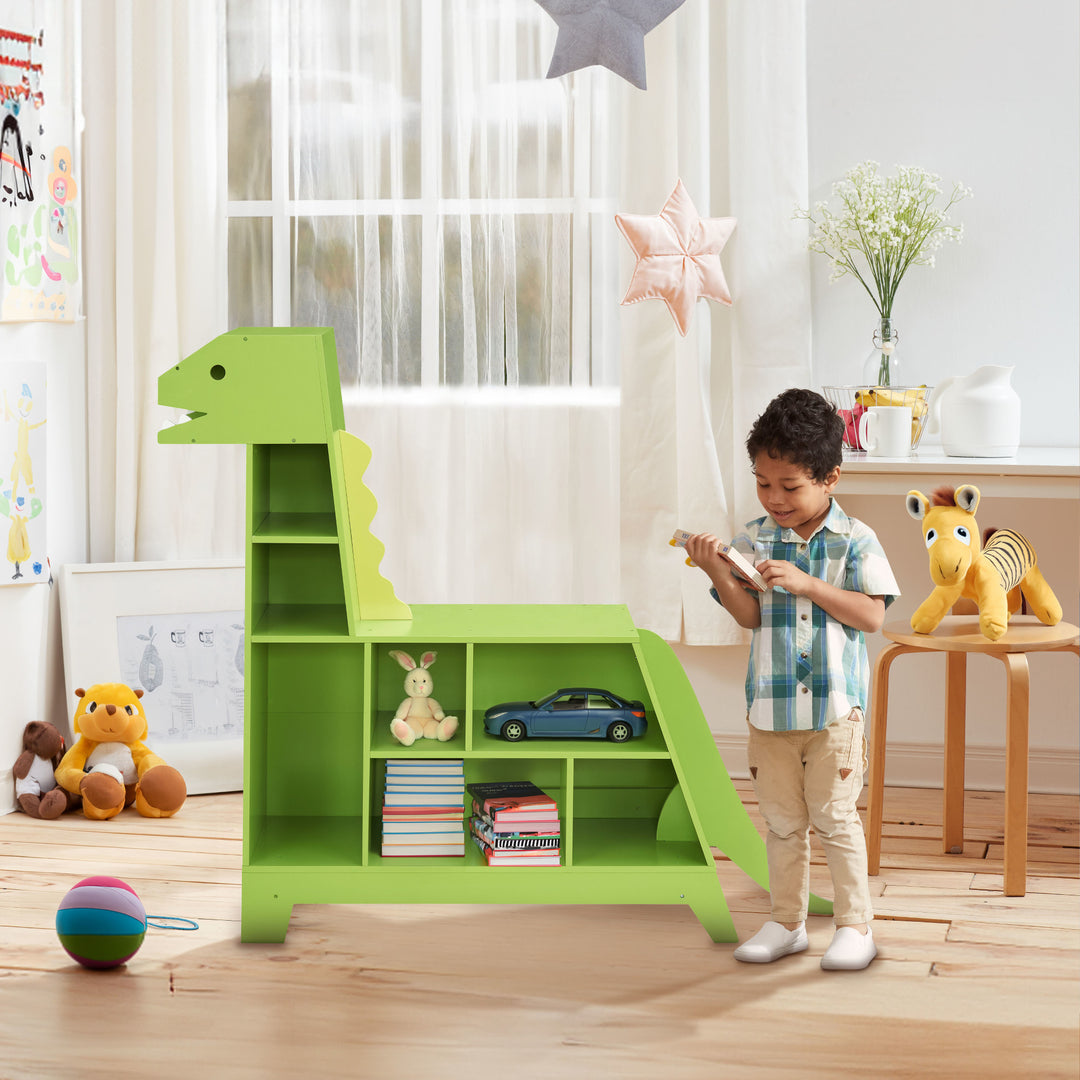 Teamson Kids Dinosaur Shaped Kids Bookcase / Toy Organizer, Green