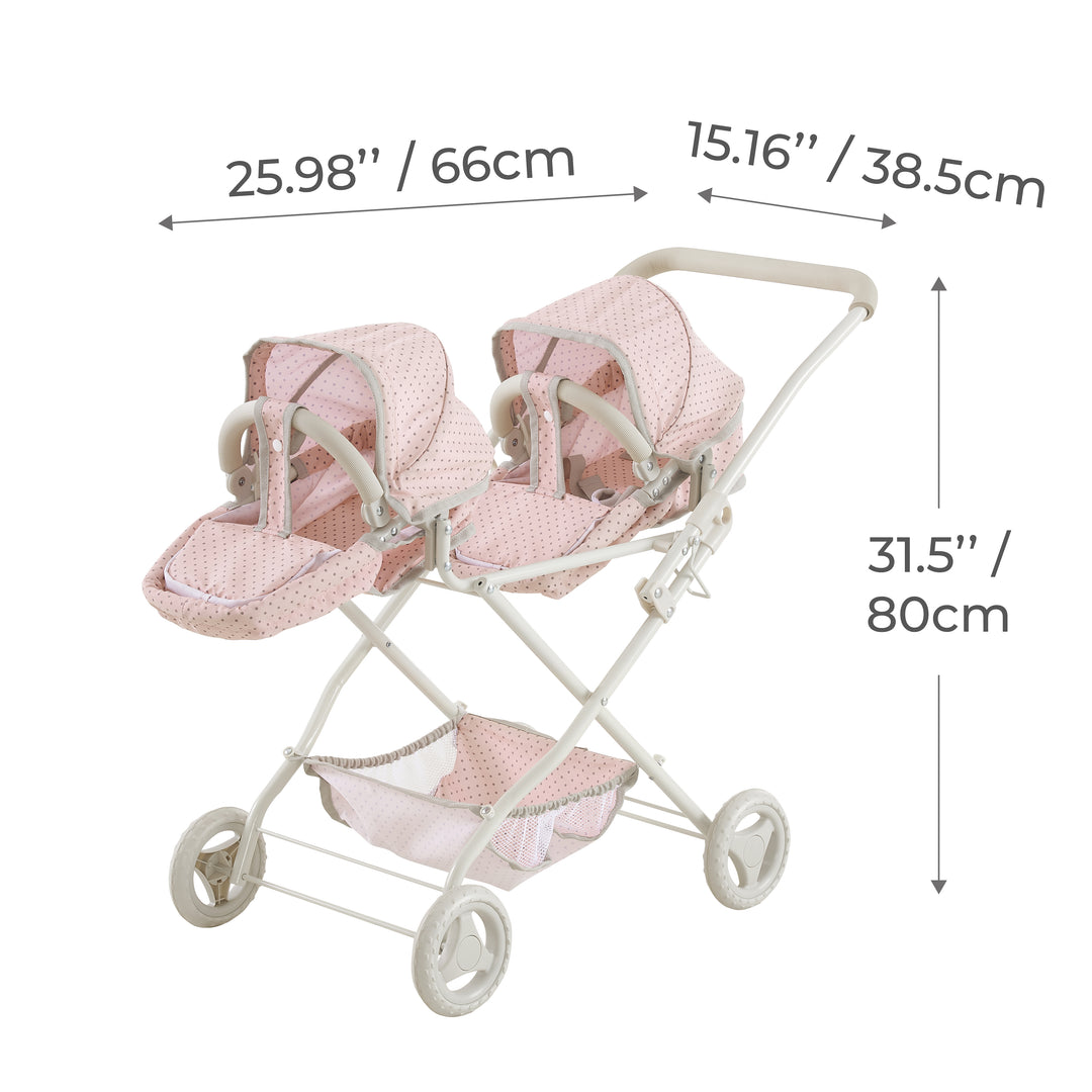 An infographic for a pink double bassinet baby stroller measured in inches and centimeters