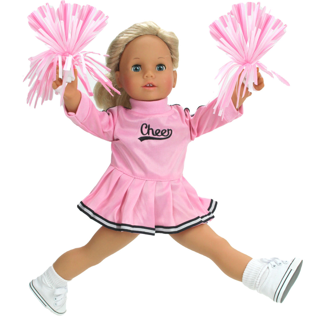 An 18" blonde doll in a pink cheerleading outfit with pom poms