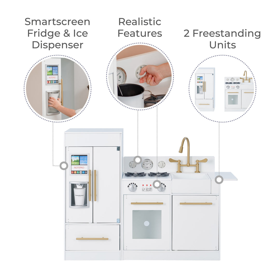 An infographic for a play kitchen with callouts for a pretend ice dispenser, realistic features and 2 freestanding units