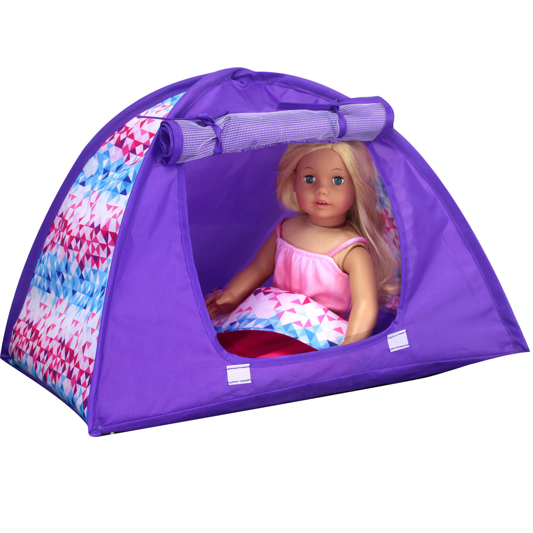 A Sophia's doll sits inside a purple and print doll tent, window rolled up.