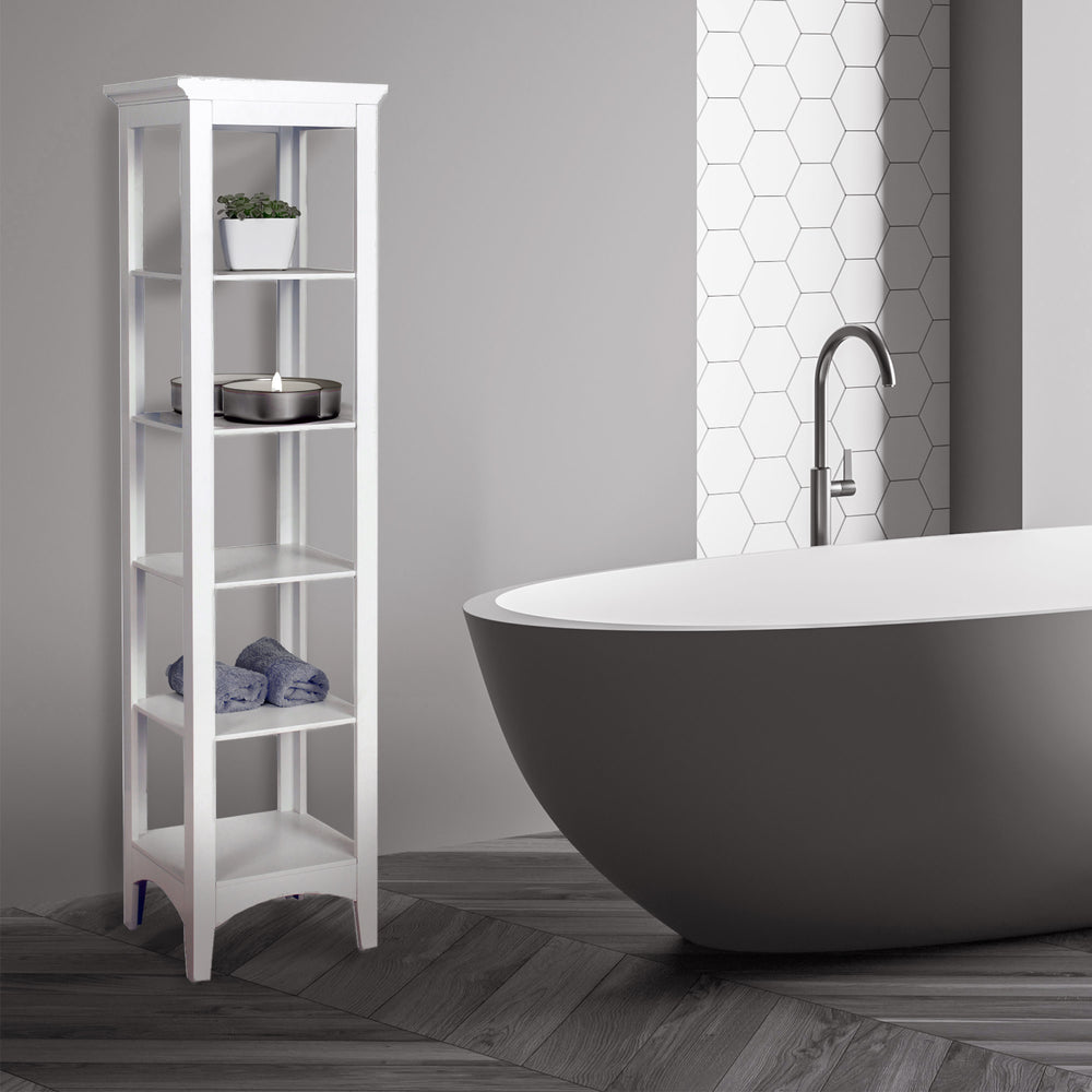 A modern bathroom featuring a freestanding bathtub and a narrow Madison Linen Tower with towels and toiletries.