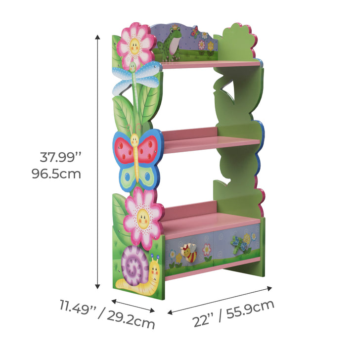 A dimensional graphic for a 3-tier bookshelf in inches and centimeters