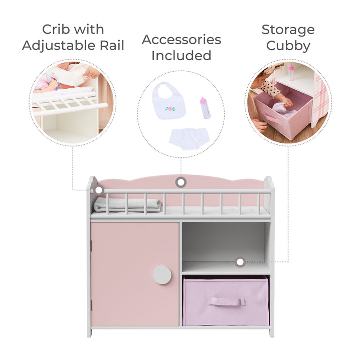 Calloutts for a baby doll changing station - adjustable rail, accessories and storage cubby