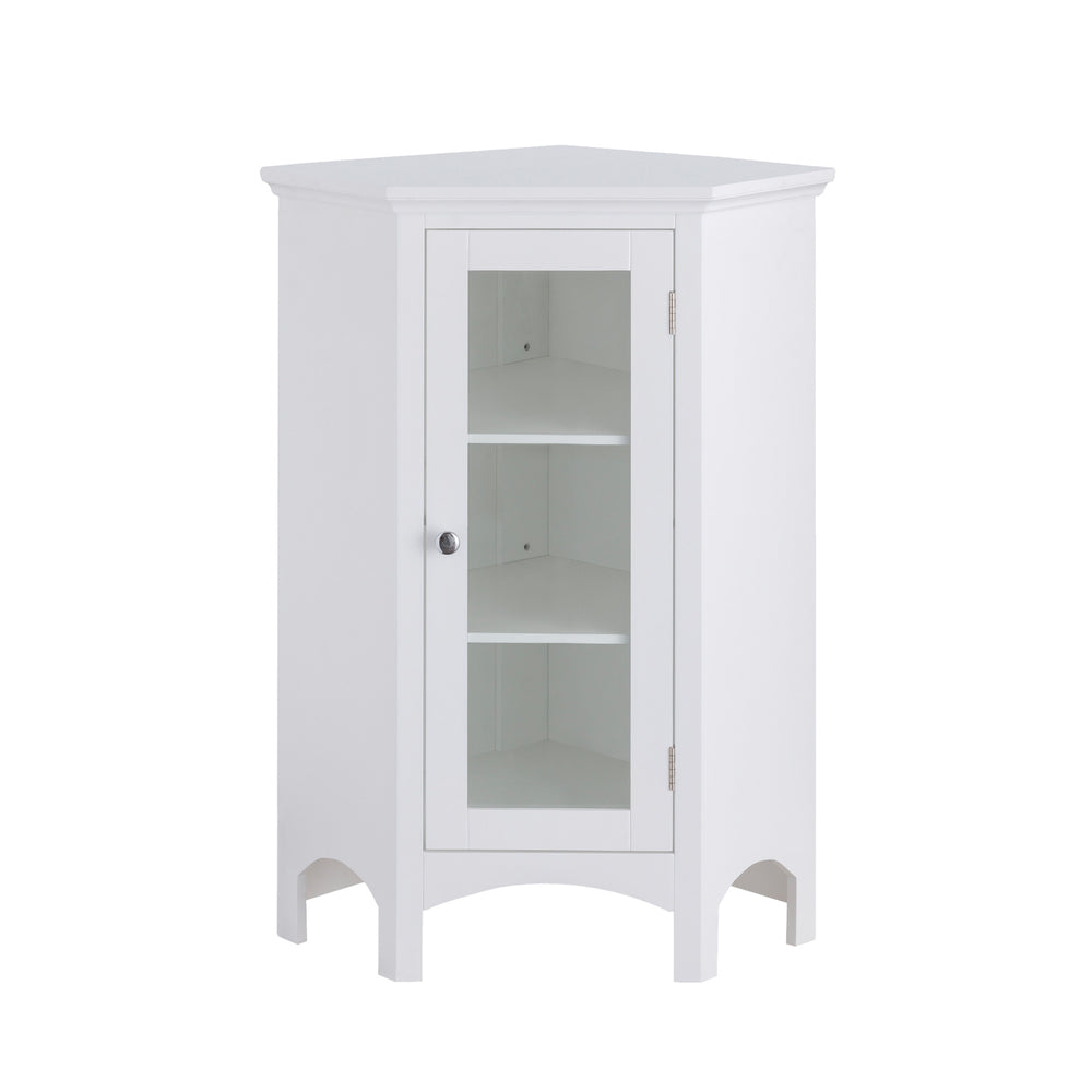 A corner floor cabinet with a door with a glass paneled door