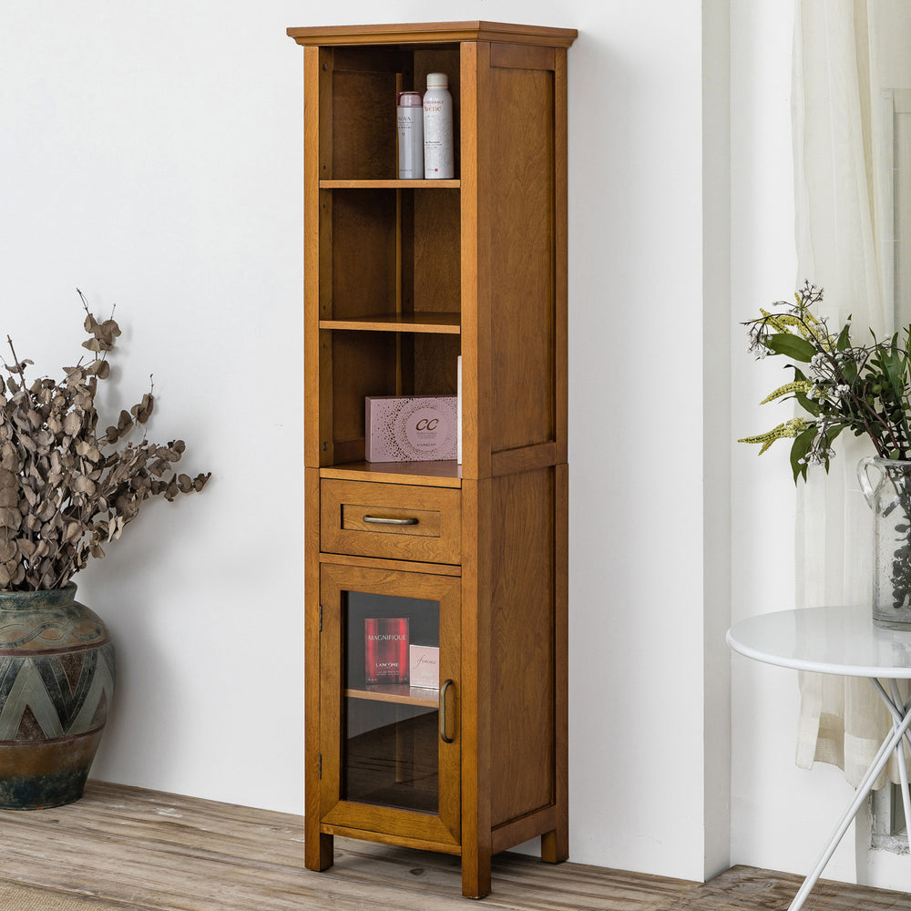 A tall brown linen cabinet with mixed storage and a drawer with items on the shelves